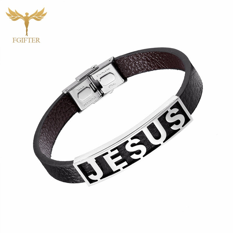 Pulseira Cristã Jesus, em Couro e Aço Inoxidável